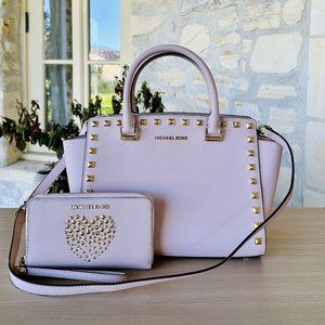 MICHAEL KORS SELMA MD Studded TZ Satchel/ Large Flat MF PHN Case Leather Ballet